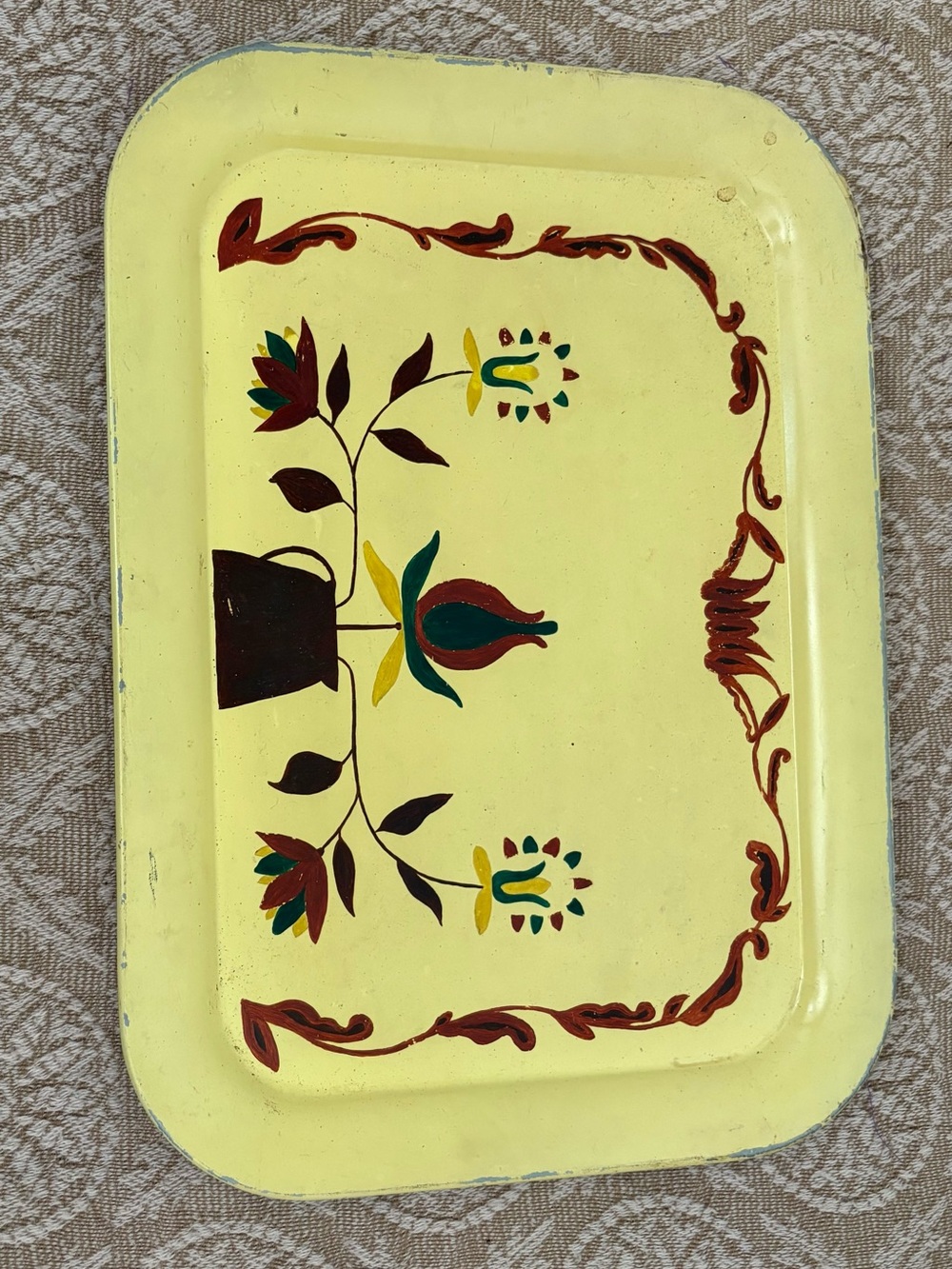 Hand-Painted Floral Metal Serving Tray in Yellow